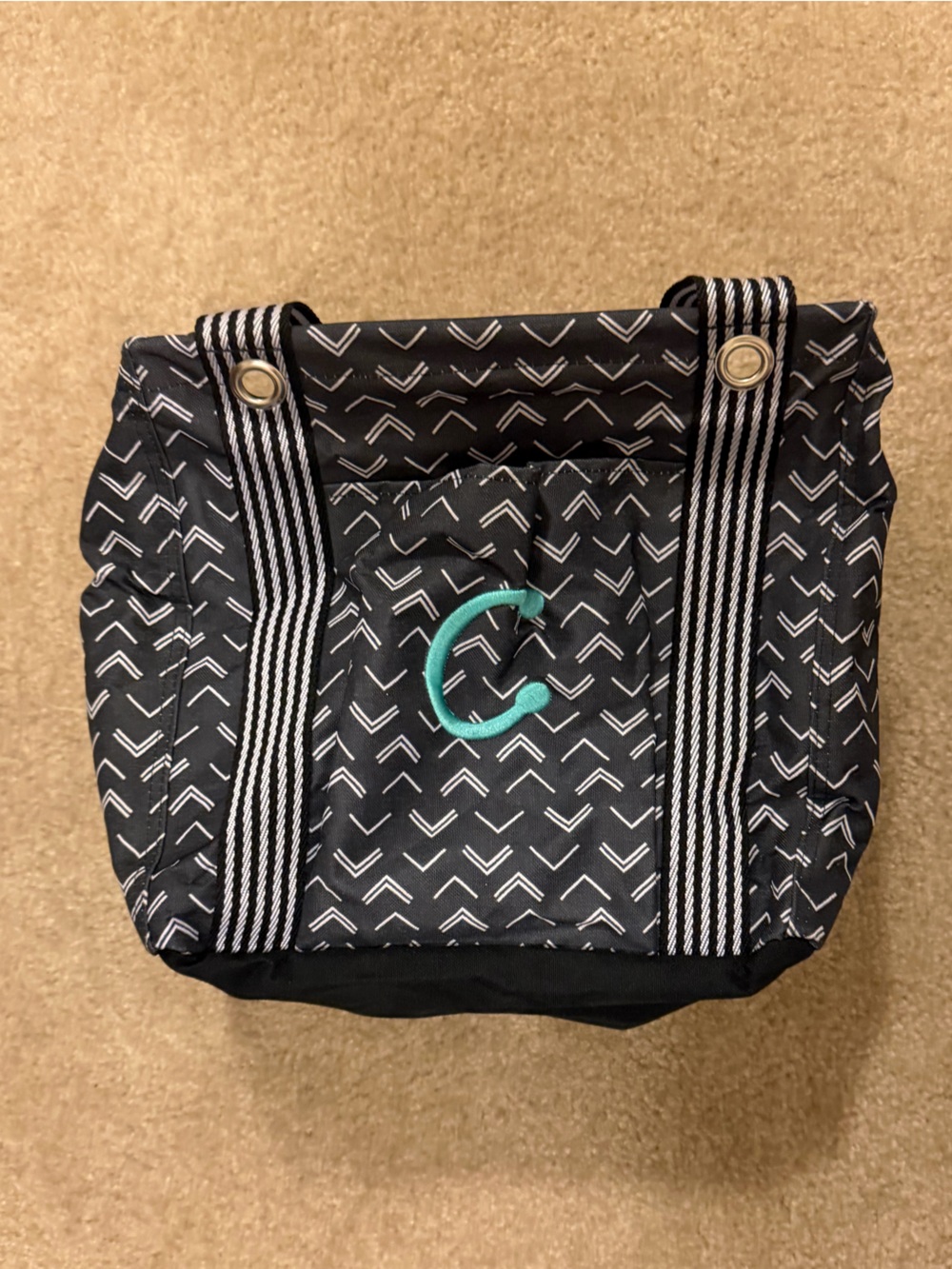 Thirty-one Black and White Chevron Tote with Teal Accent
